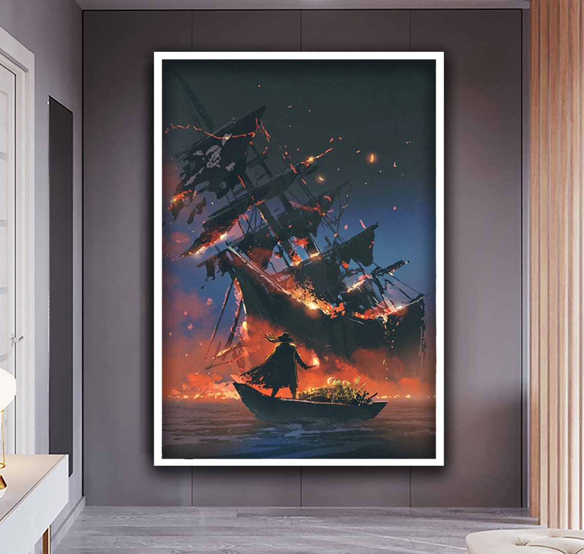 Burning Pirate Ship Night Fire Dramatic Ocean Fantasy Wall Art - Image 4