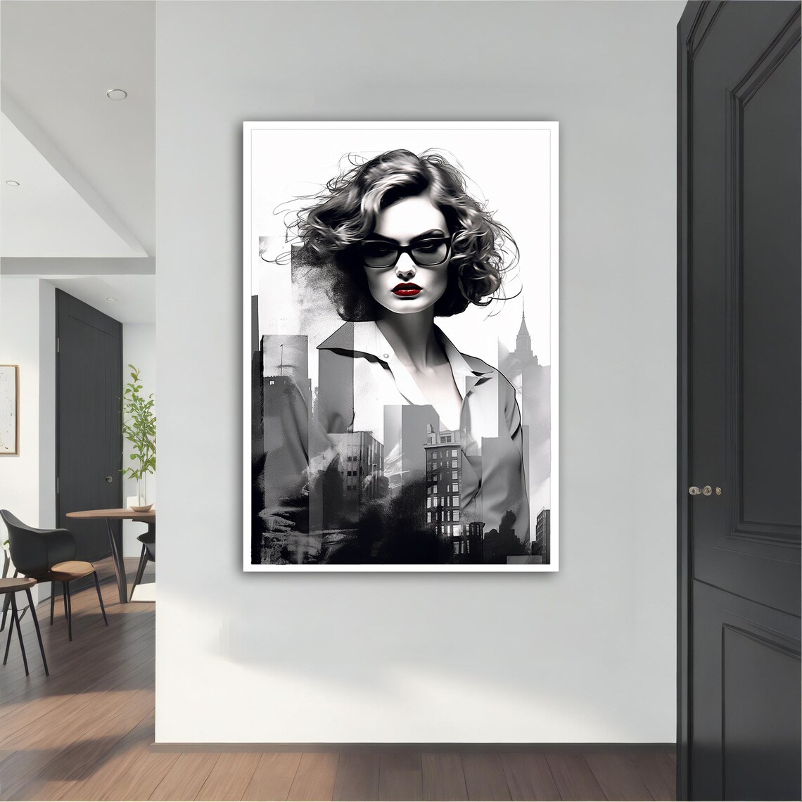 Black and White Woman with Red Lips City Skyline Double Exposure Poster