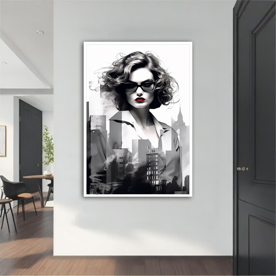 Black and White Woman with Red Lips City Skyline Double Exposure Poster