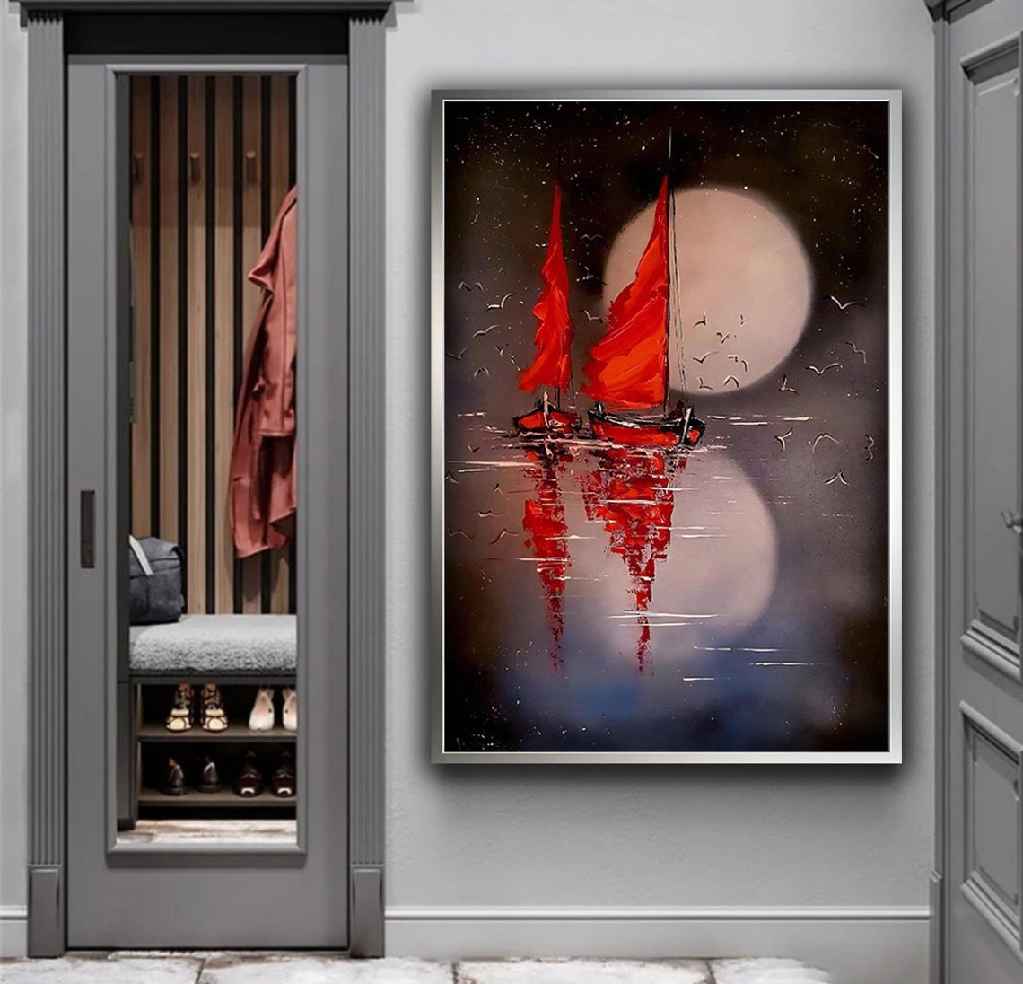Red Sailboats Full Moon Night Sea Abstract Seascape Art Poster - Image 4