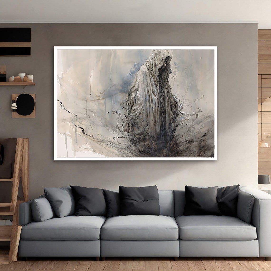 Ghostly Grim Reaper Hooded Figure Soft Watercolor Gothic Art Poster - Image 3