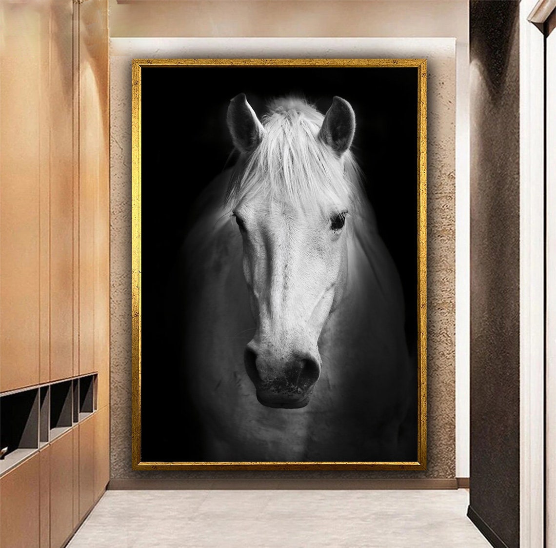 White Horse Portrait Black White Close-Up Dark Moody Equine Art Poster