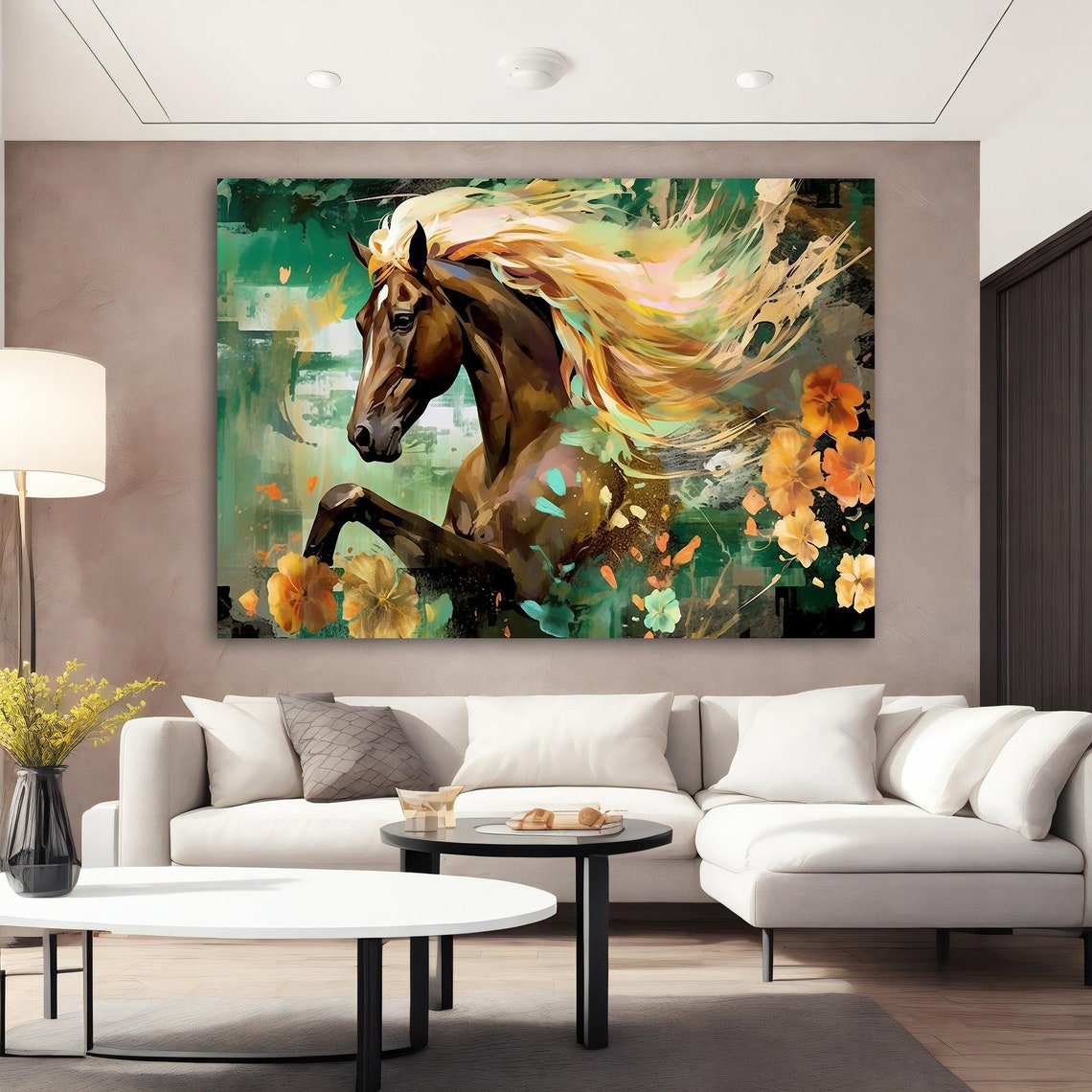 Prancing Brown Horse Flowing Golden Mane Floral Abstract Poster - Image 3