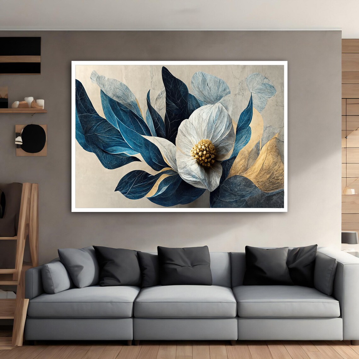 White Orchid Gold Center Navy Leaves Botanical Floral Poster - Image 4