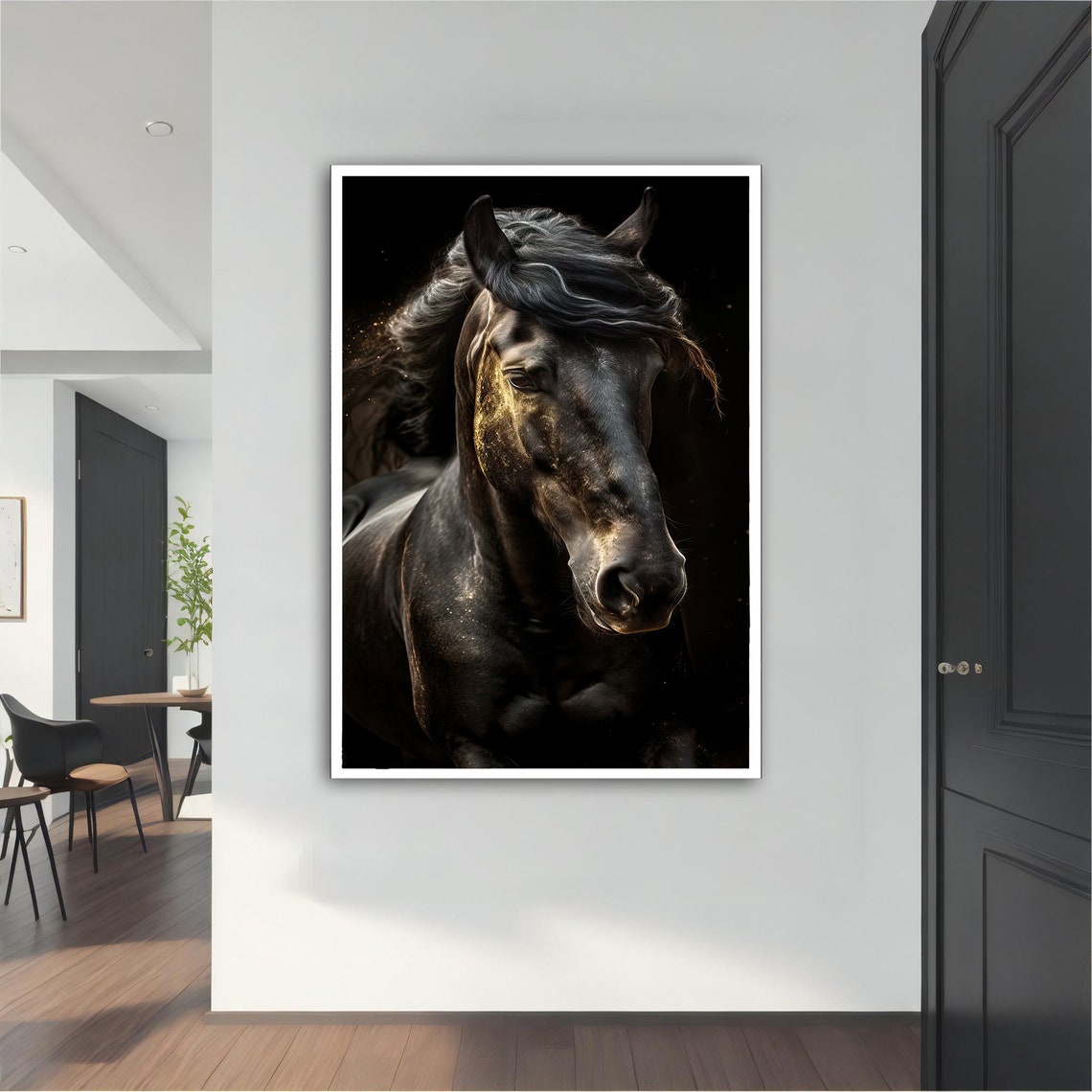 Black Horse Portrait Dark Background Golden Light Animal Poster