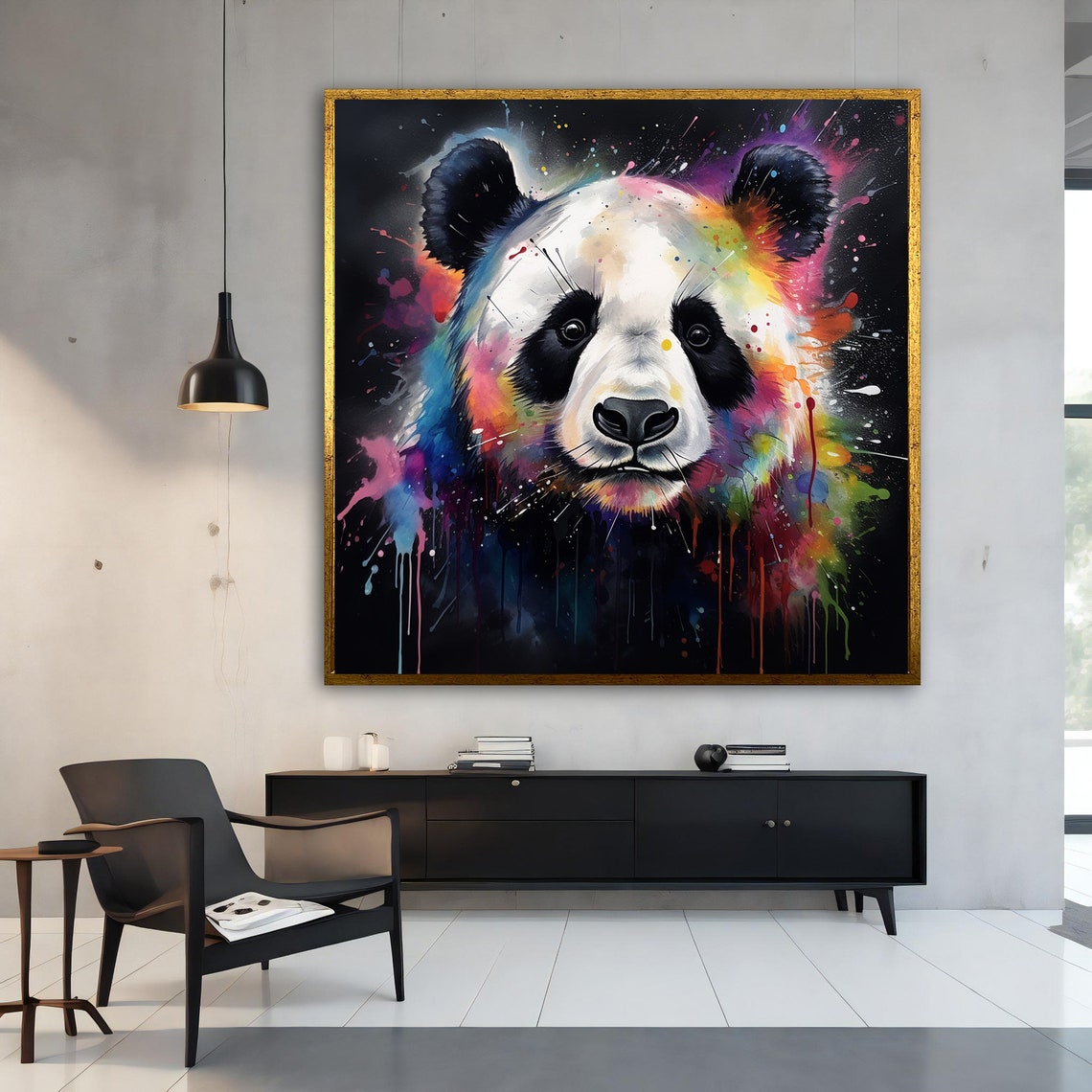 Panda Rainbow Paint Splash Cute Animal Art Black Background Poster - Image 3