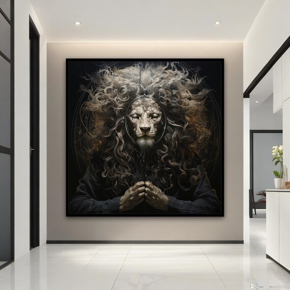 Meditating Lion Monk Prayer Zen Dark Spiritual Animal Art Poster