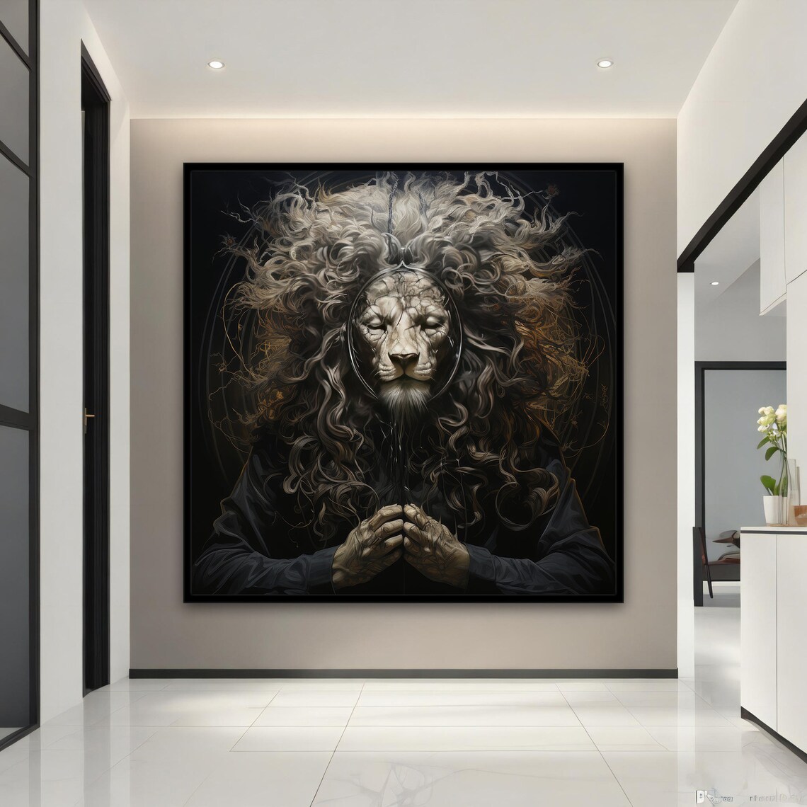 Meditating Lion Monk Prayer Zen Dark Spiritual Animal Art Poster