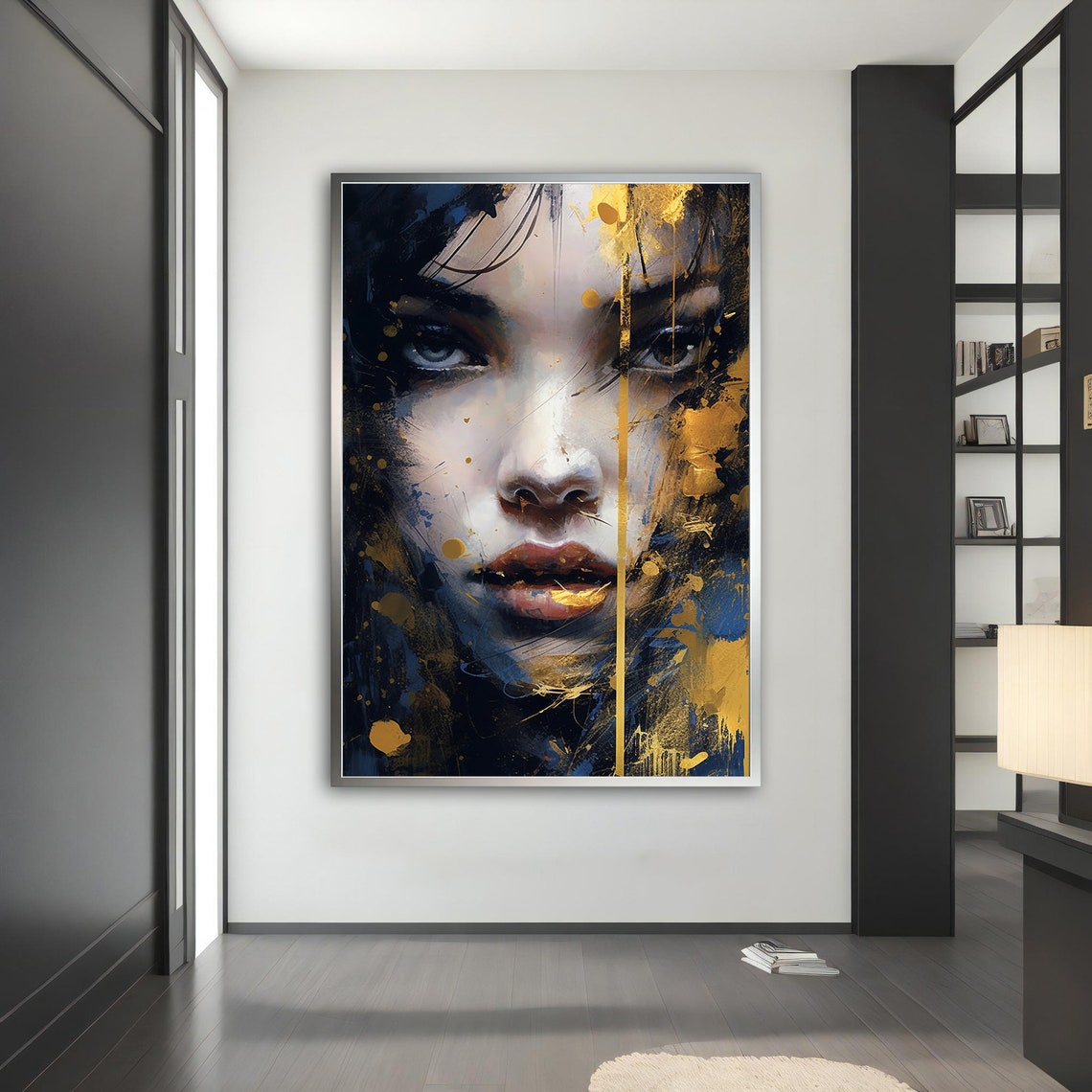 Golden and Navy Blue Woman Face Abstract Paint Splatter Poster - Image 4