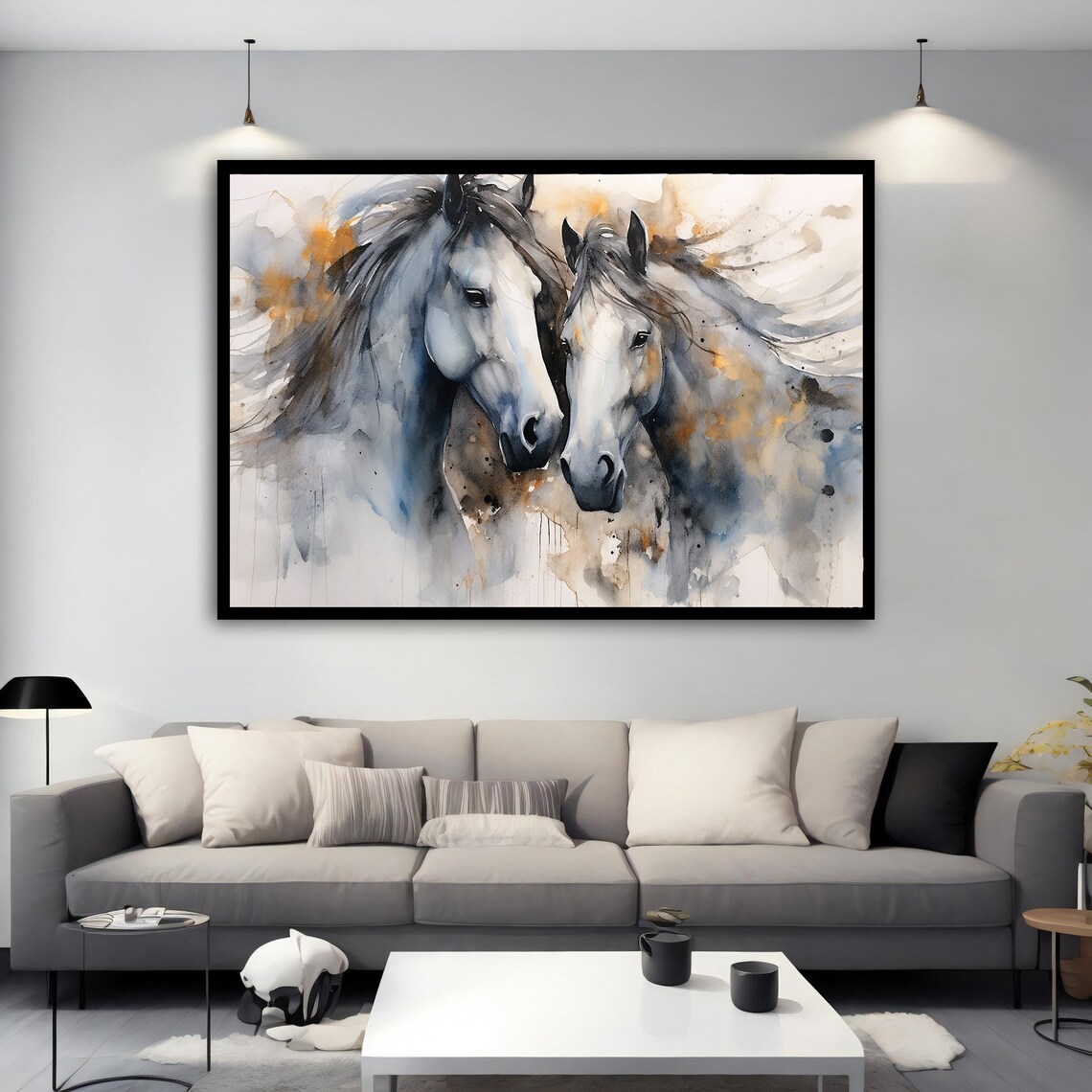 Two White Horses Watercolor Painting Elegant Equine Duo Wall Poster - Image 2
