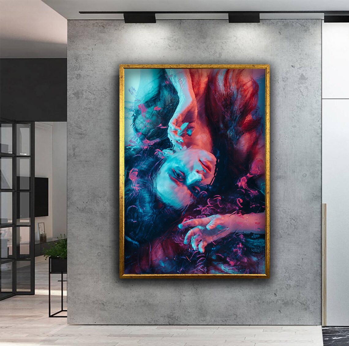 Woman Underwater Dark Hair Red Blue Light Dreamy Portrait Art Wall Poster - Image 4