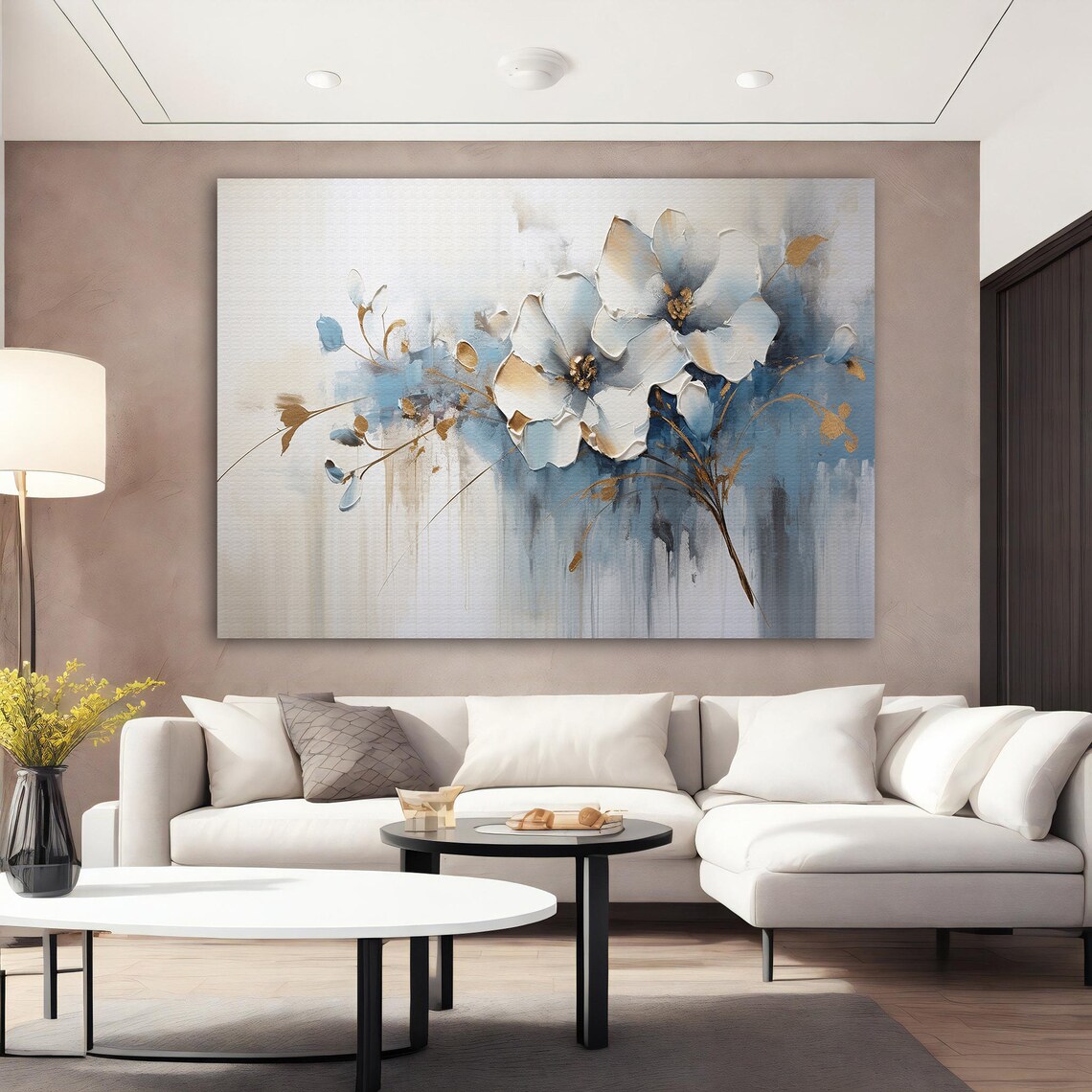 Delicate White Blue Flowers Gold Accents Soft Floral Art Poster - Image 3