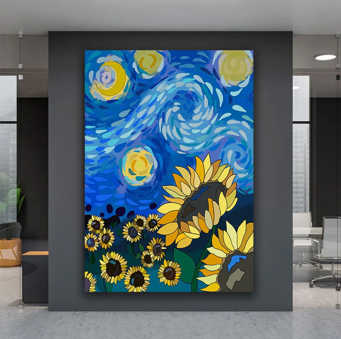 Sunflowers Starry Night Van Gogh Style Swirling Sky Art Poster - Image 4