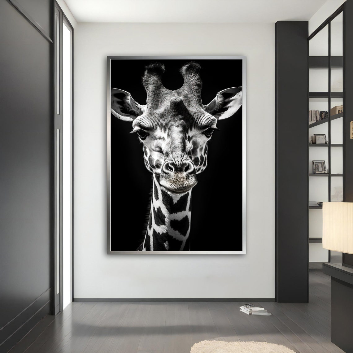 Black and White Giraffe Close Up Portrait Dark Background Print - Image 4