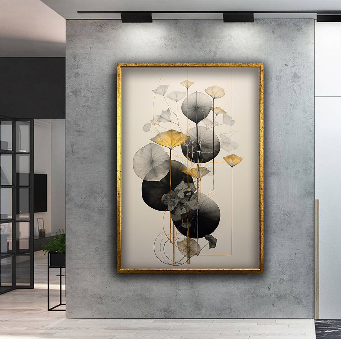 Abstract Lotus Leaves Black Gold Minimalist Botanical Wall Art Poster - Image 2