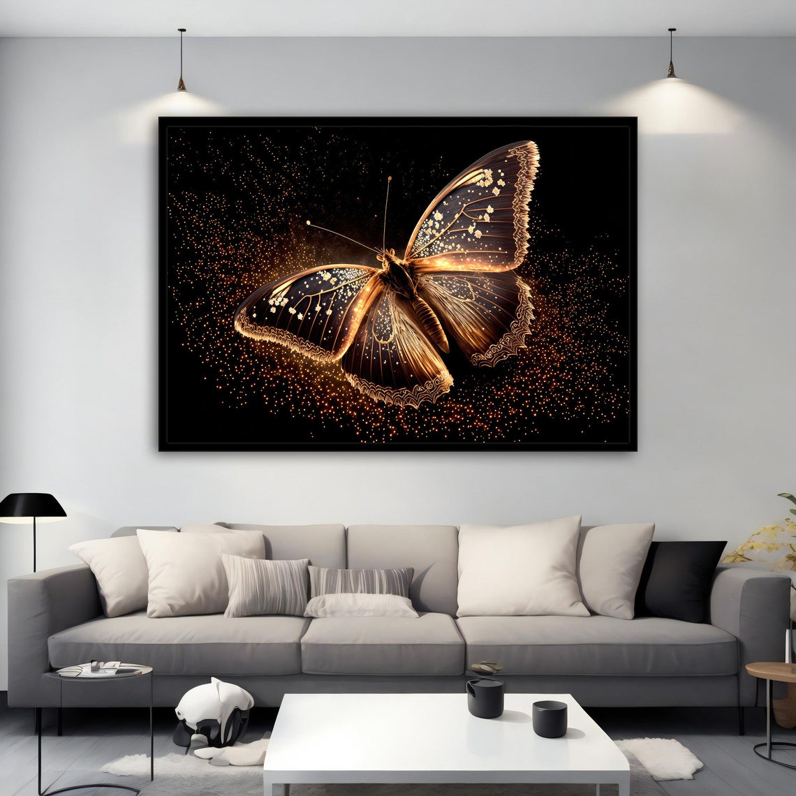 Glowing Gold Butterfly Black Background Sparkle Nature Poster - Image 2