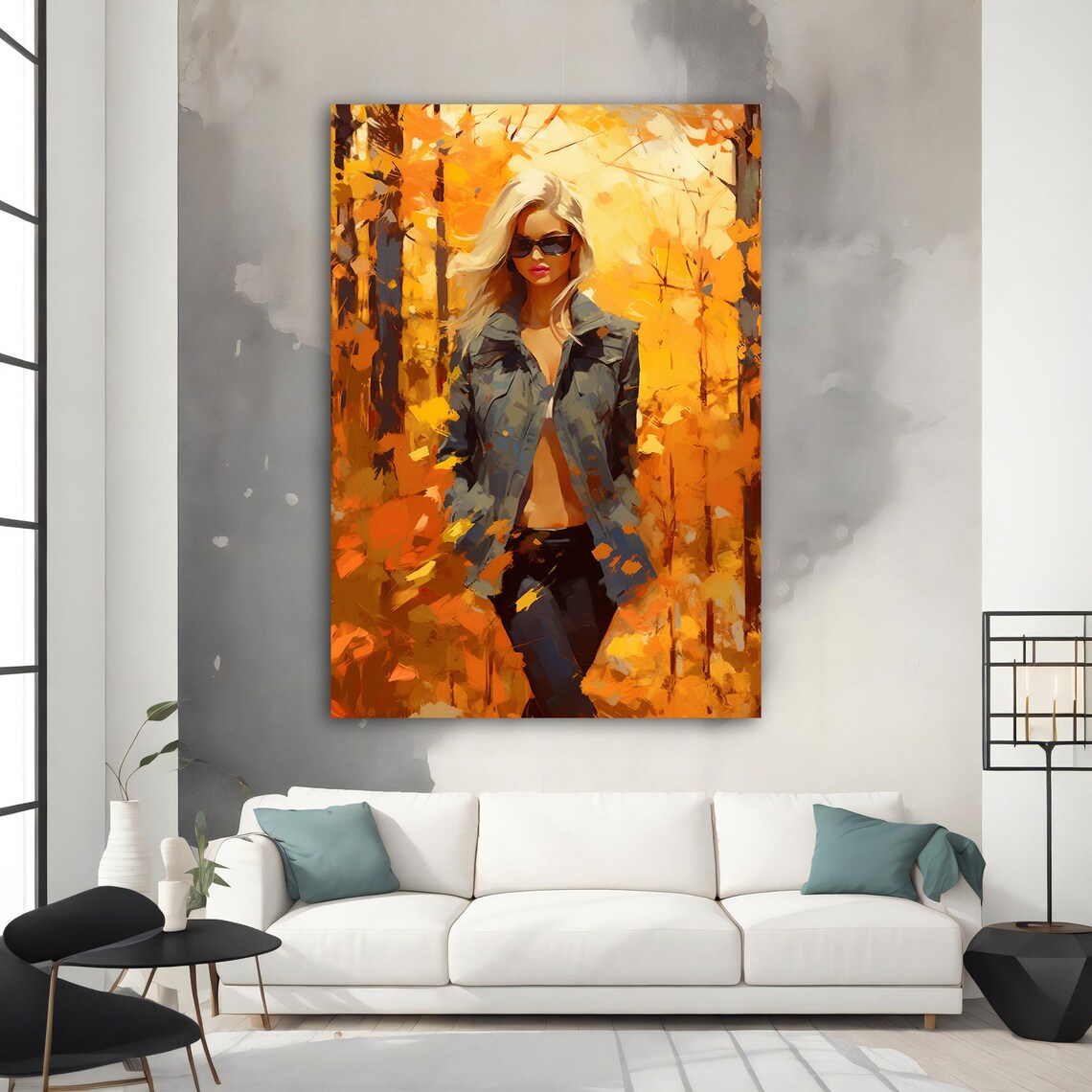Blonde Woman in Golden Autumn Forest Sunglasses Orange Art Poster - Image 3