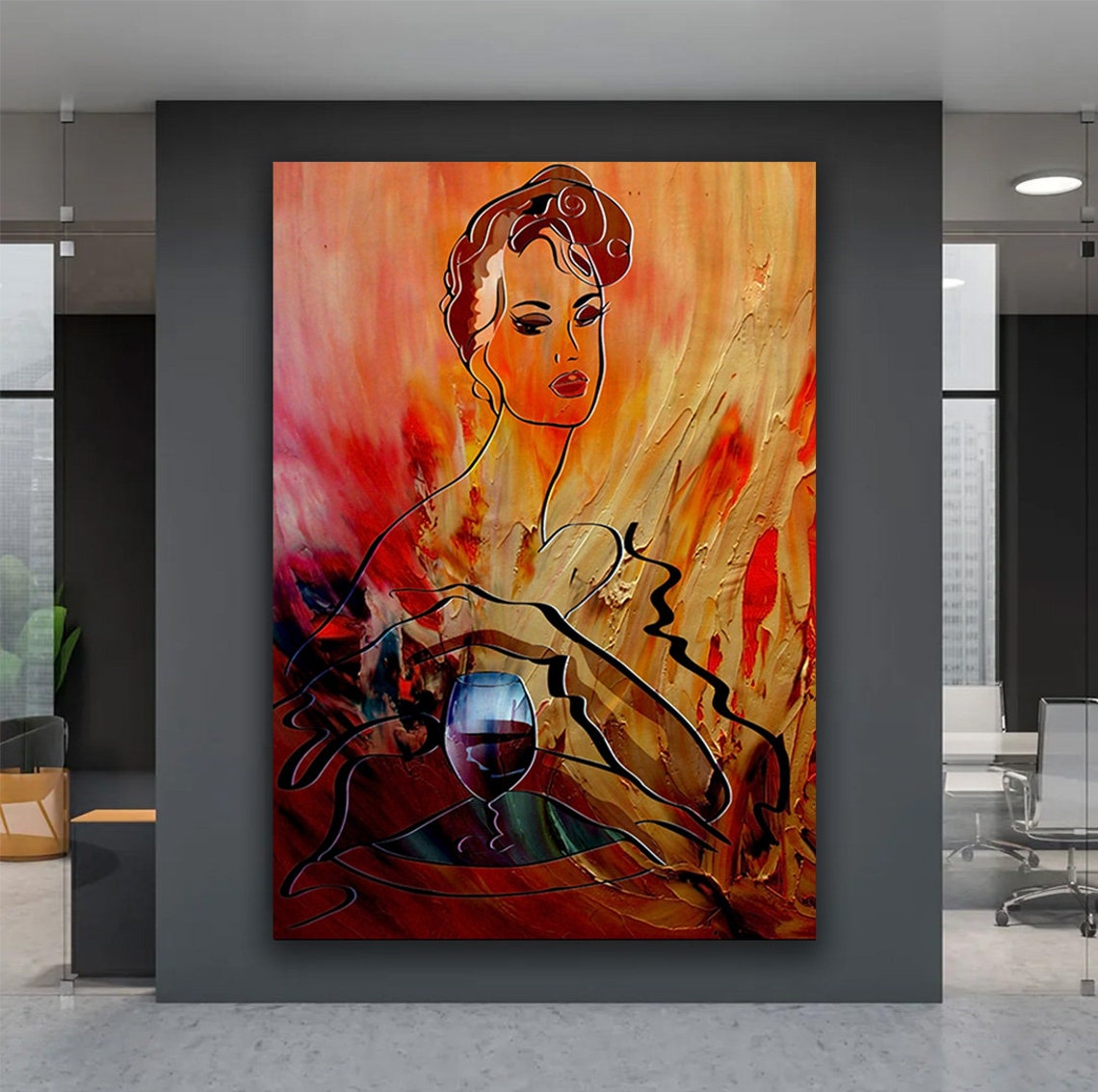 Woman And Wine Glass Art Abstract Woman Print Warm Colors Wall Art Wine Glasses Art Red Wine Print Woman Home Decor