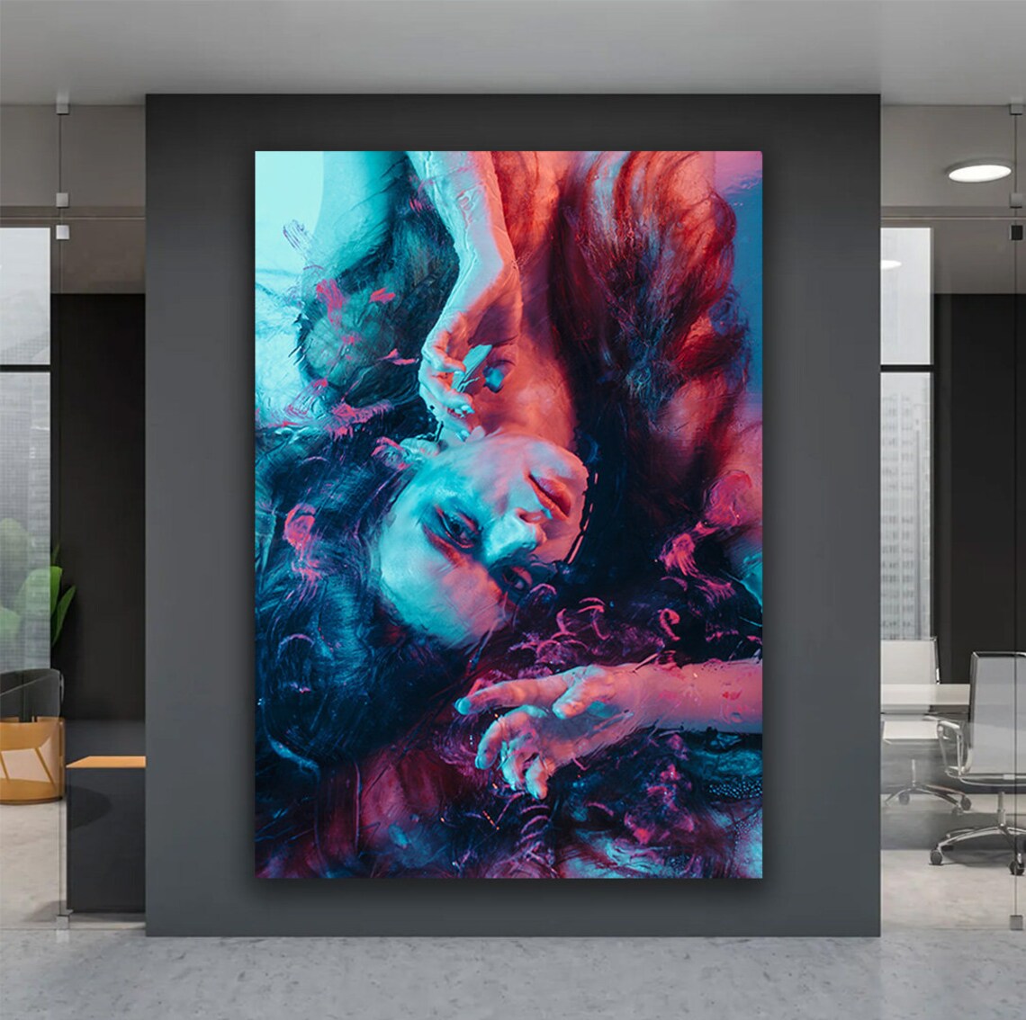 Woman Underwater Dark Hair Red Blue Light Dreamy Portrait Art Wall Poster - Image 5