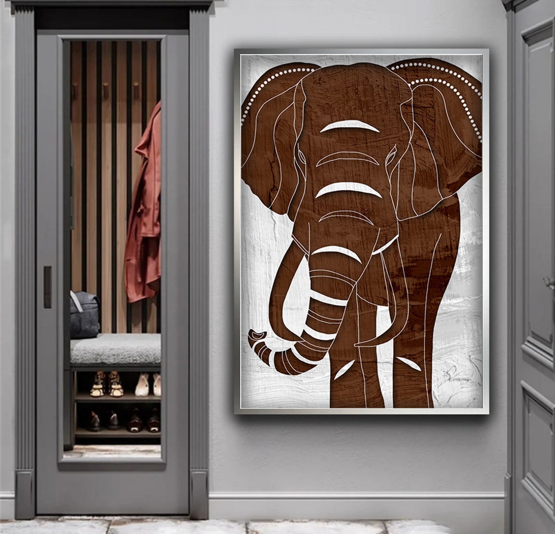 Brown Elephant Minimal Line Art White Background Wildlife Poster - Image 2