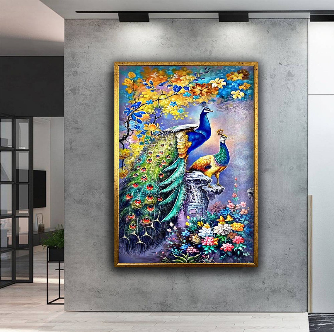 Two Colorful Peacocks Lush Garden Flowers Vibrant Bird Poster - Image 4