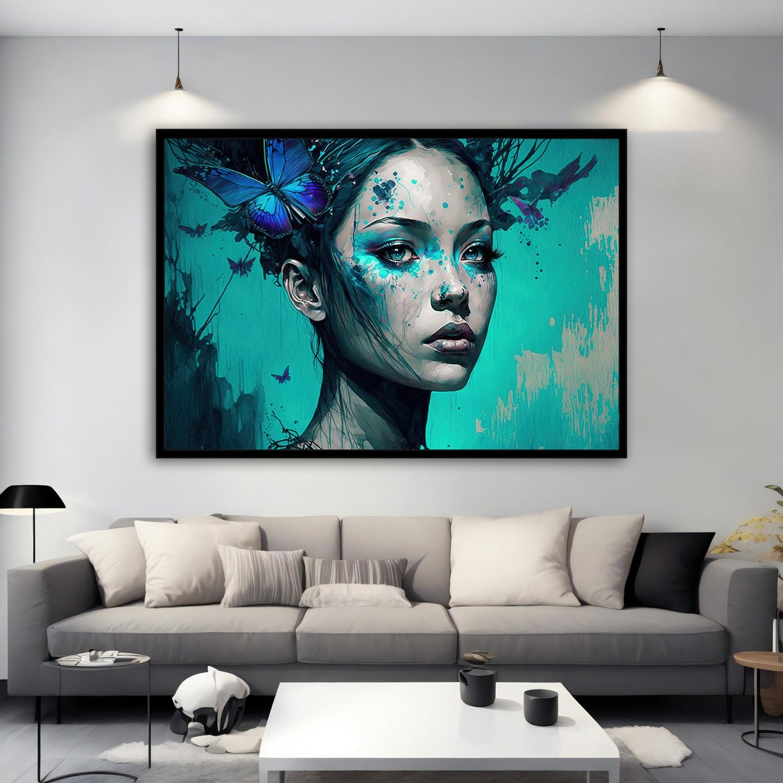 Woman Portrait Art Woman And Butterfly In Blue Wall Art Blue Eyes Woman Wall Art Abstract Girl Paint - Image 5