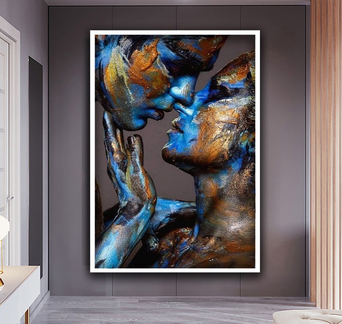 Romantic Couple Kiss Blue Gold Body Paint Passionate Love Art Wall Poster - Image 2