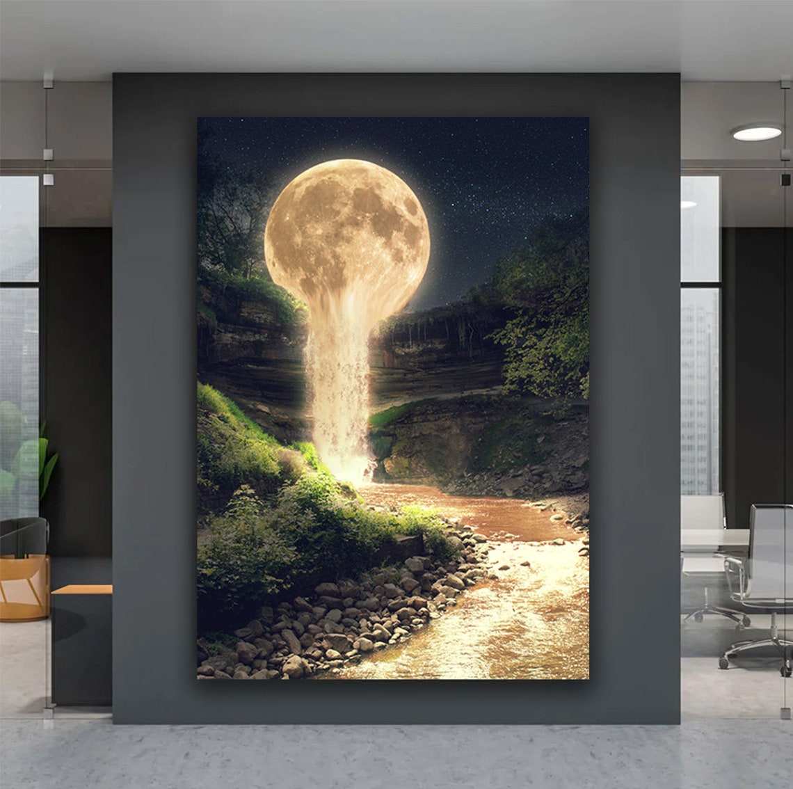 Melting Full Moon Waterfall Night Forest Surreal Dream Art Print - Image 3