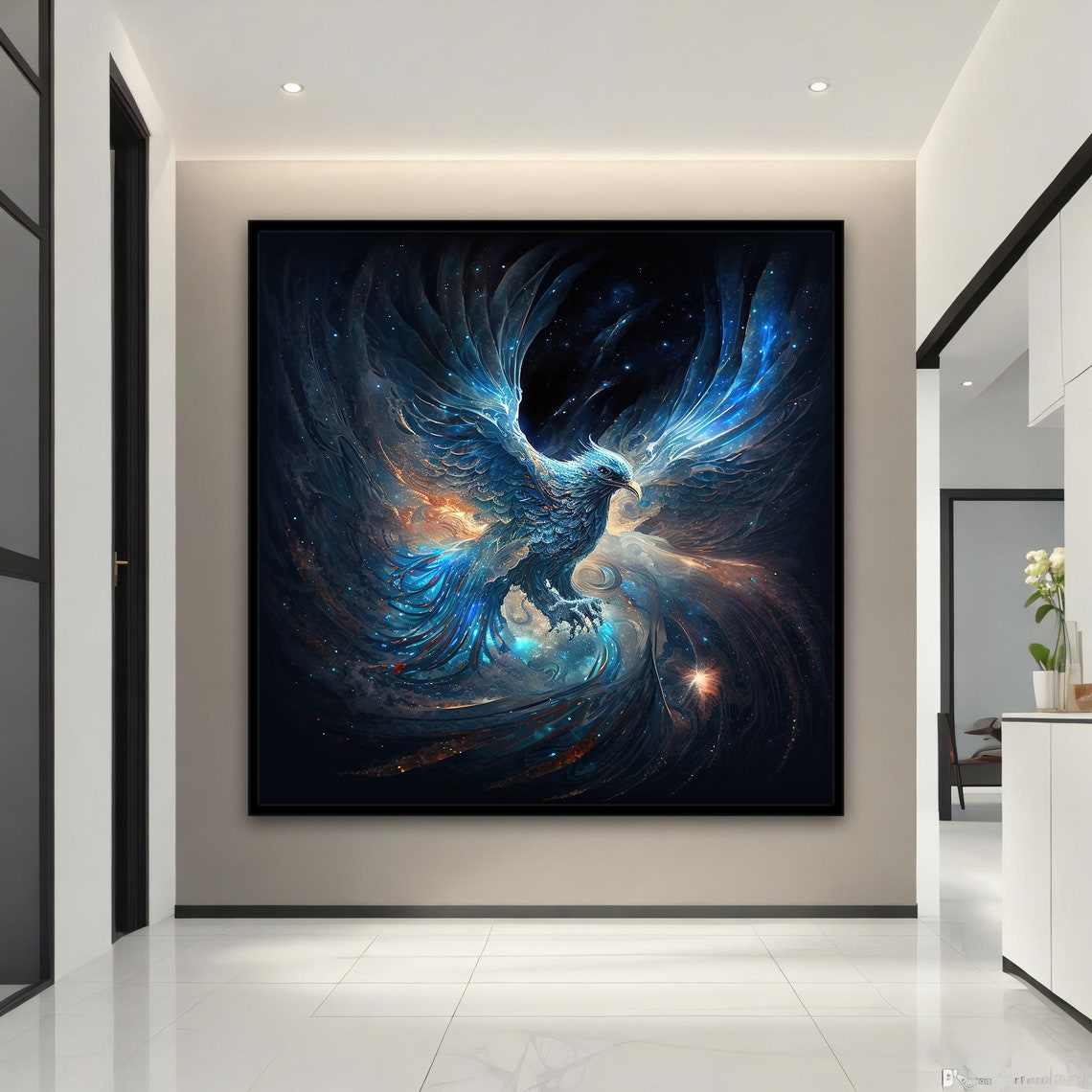 Mystical Blue Phoenix Rising Through Cosmic Starry Night Sky Poster