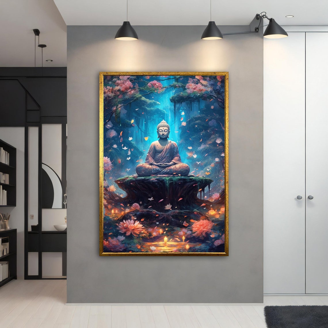 White Buddha Forest Waterfall Blossoms Mystical Asian Art Poster - Image 3
