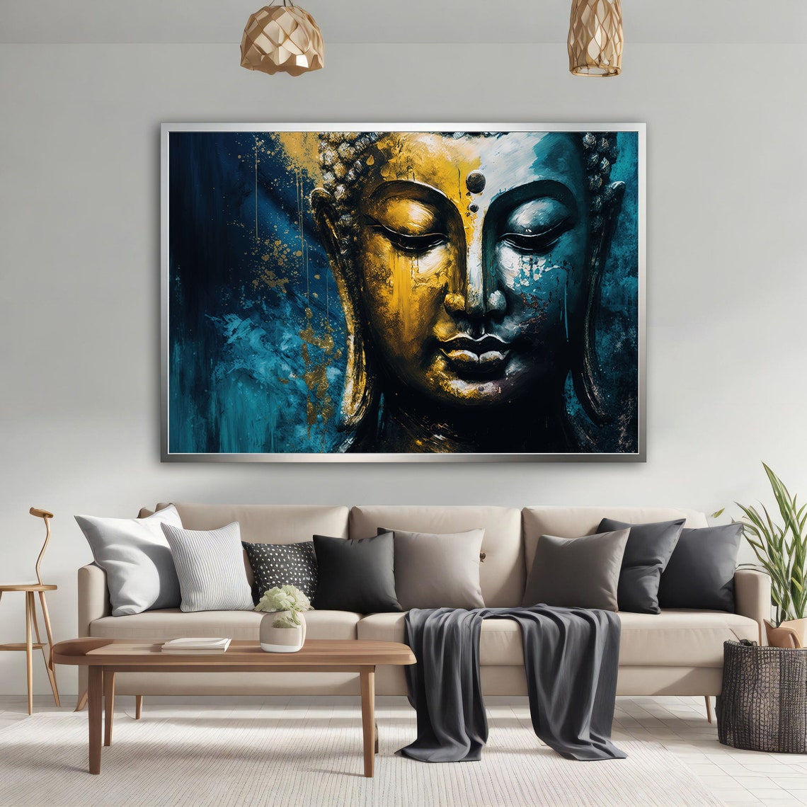 Serene Buddha Face Gold Blue Abstract Calm Meditation Poster - Image 4
