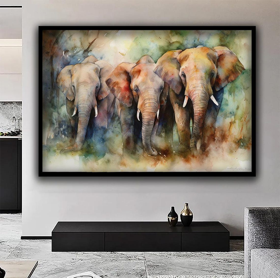 Three Elephants Walking Forward in Soft Watercolor Earth Tones Poster - Image 5
