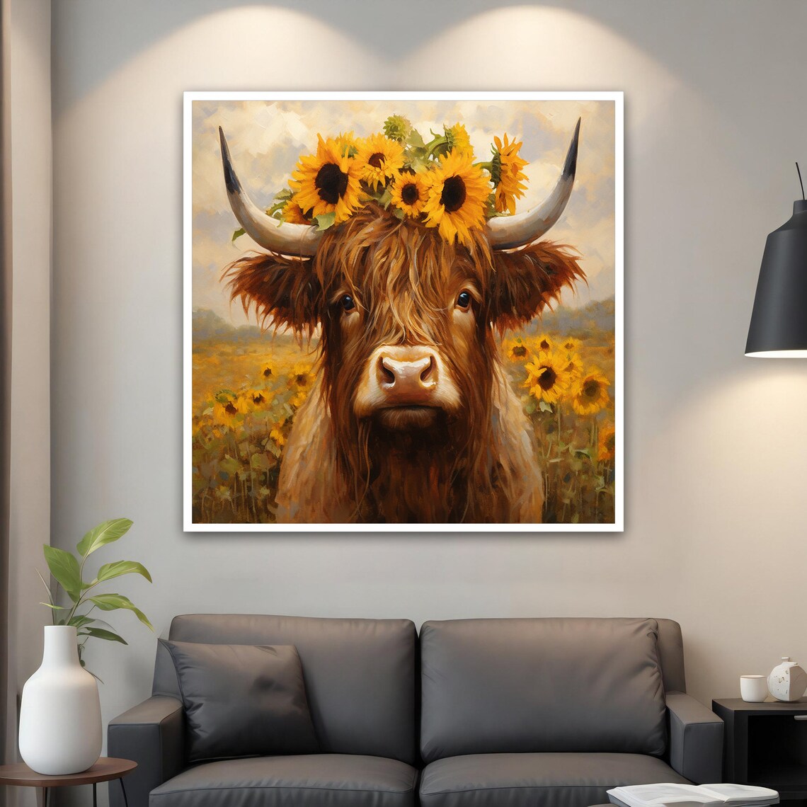 Highland Cow Sunflower Crown Field Rustic Farm Animal Art Poster - Image 4