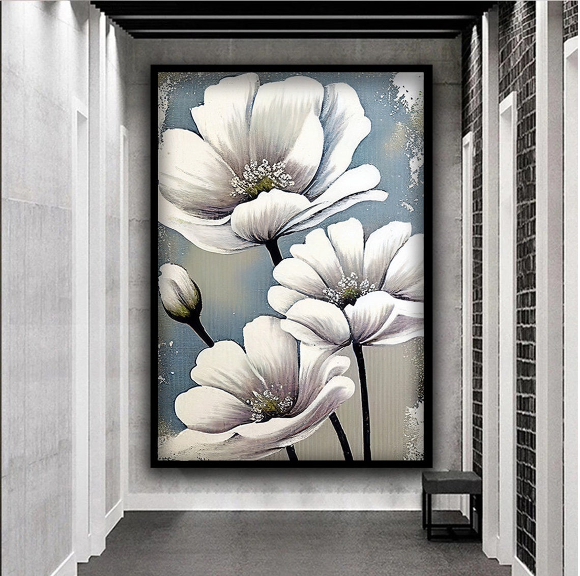 Elegant White Blooming Flowers on Soft Blue Grey Neutral Art Poster - Image 4