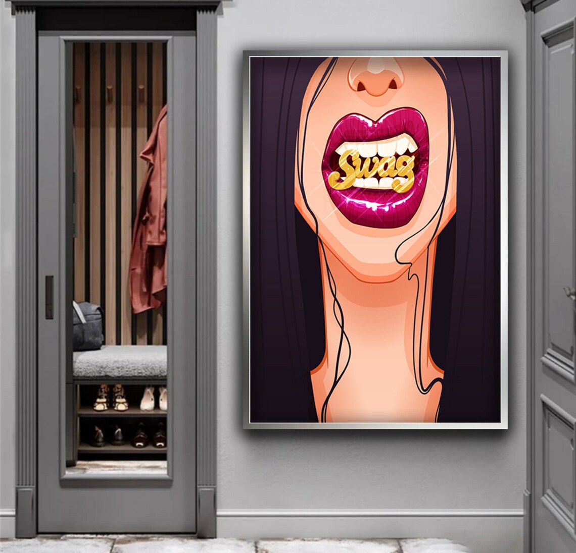 Bold Pop Art Red Lips with Gold Swag Grill Street Style Poster - Image 3