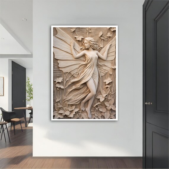 Carved Stone Fairy Angel Relief Sculpture Beige Wall Art Print
