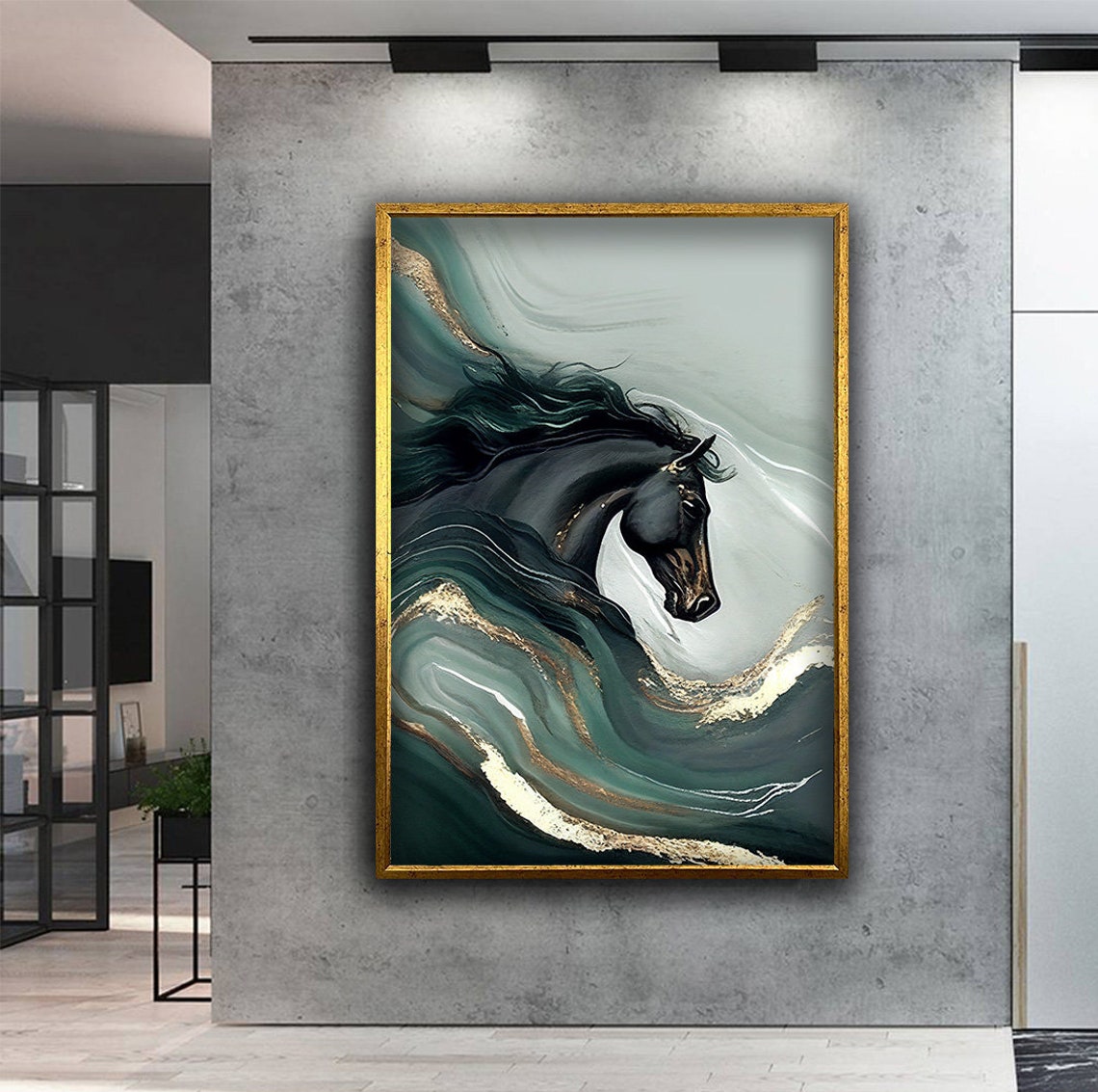 Black Horse Emerging from Teal and Gold Marbled Waves Abstract Poster