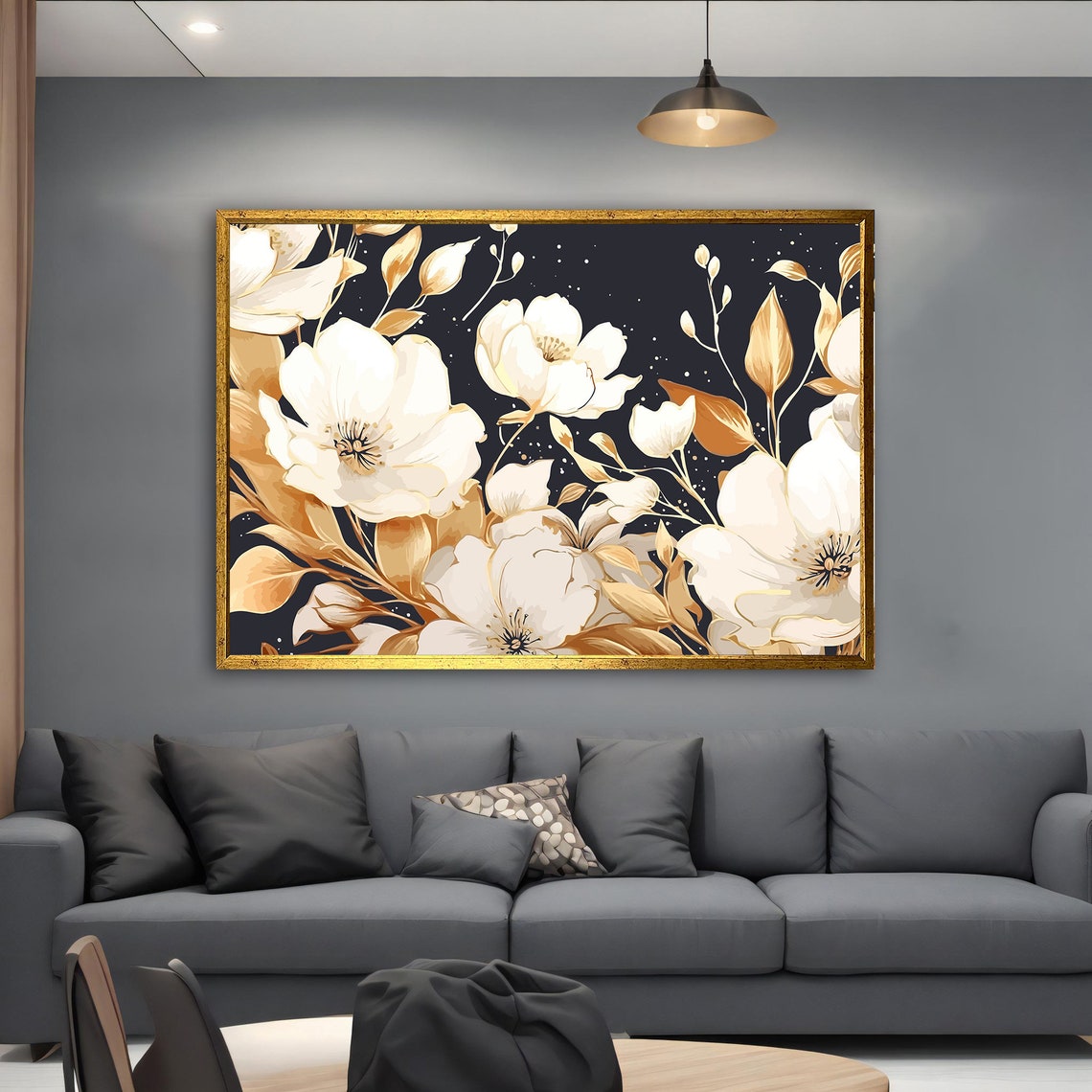 White Magnolia Blossoms Gold Leaves Dark Elegant Floral Poster