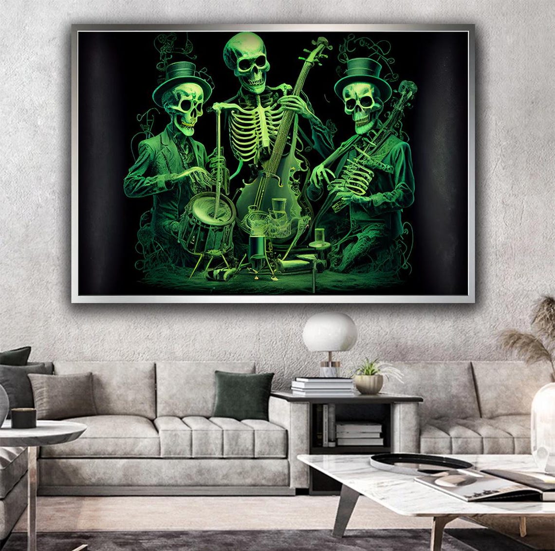 Three Green Skeletons Playing Jazz Instruments Spooky Night Poster - Image 4