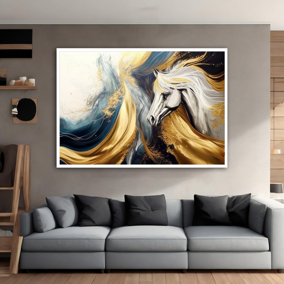 White Horse Head Gold Navy Abstract Swirls Elegant Animal Poster - Image 4