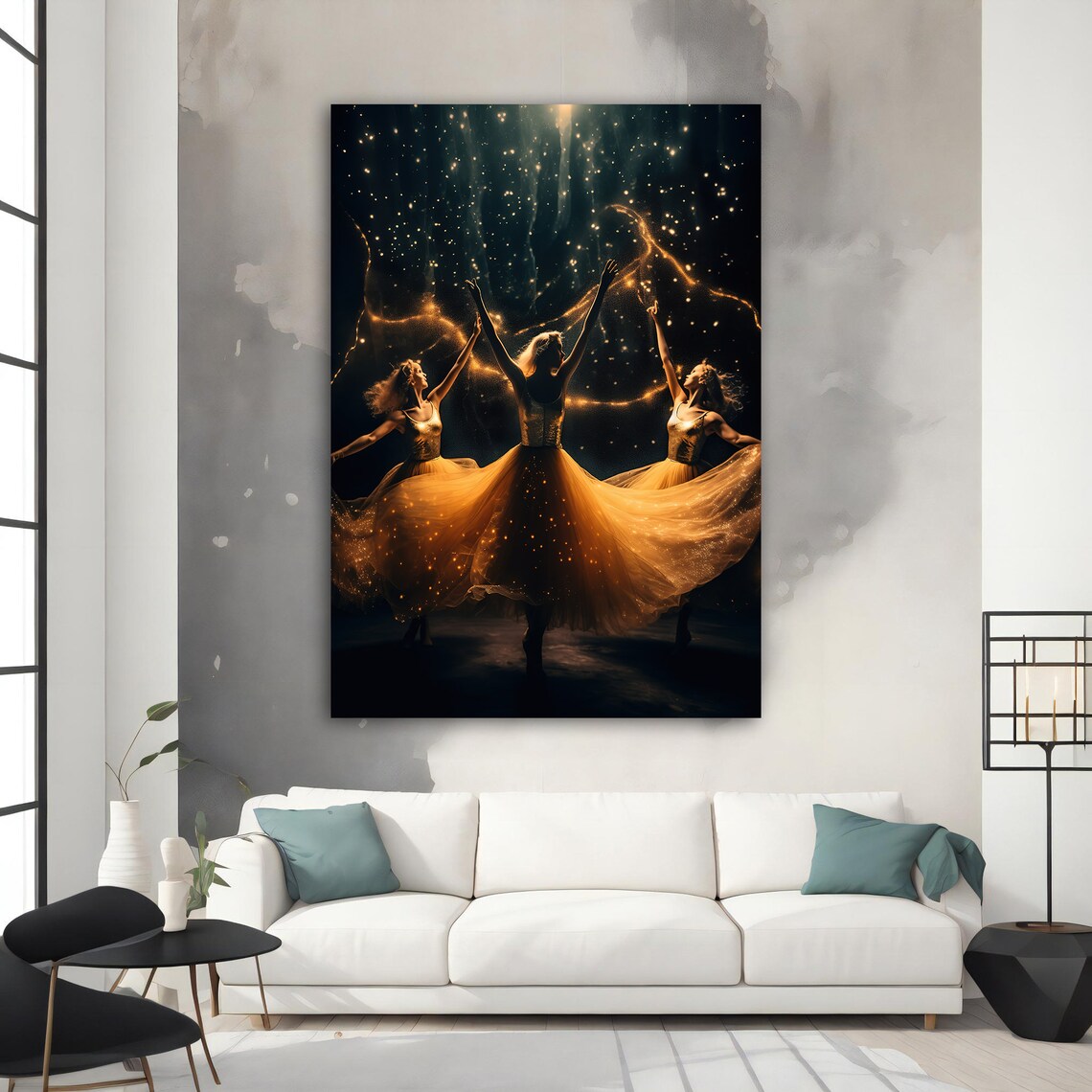 Golden Ballerinas Dancing Under Starry Night Sparkling Gowns Art Poster - Image 3