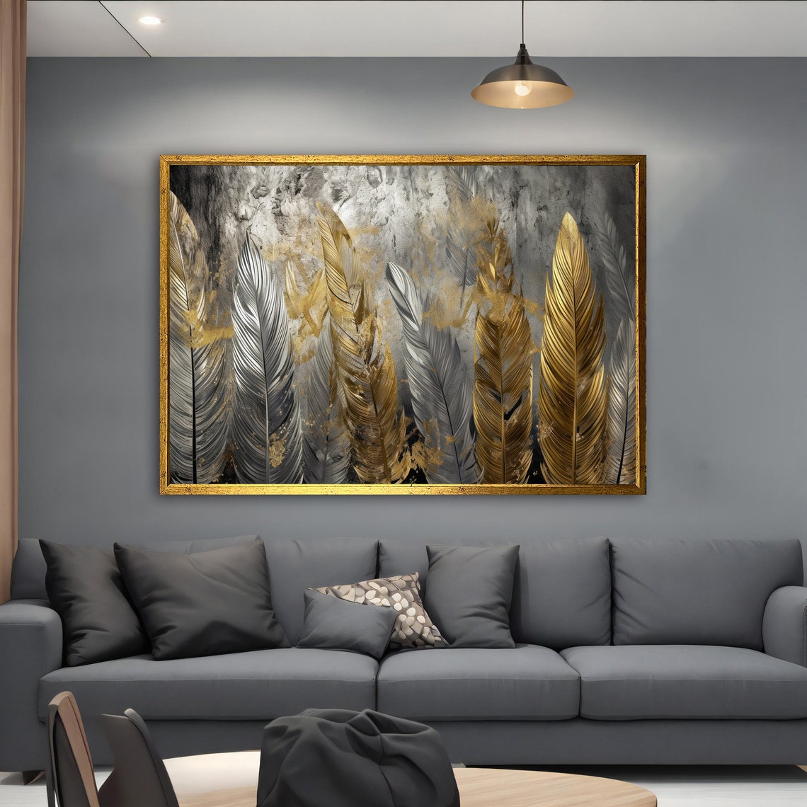 Gray Gold Feathers Abstract Luxe Modern Elegant Feather Wall Art