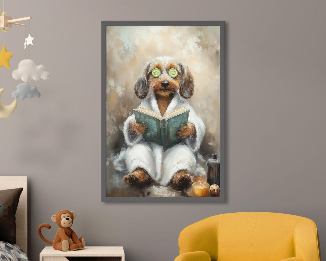 Dachshund Spa Day Bathrobe Book Cucumber Eyes Funny Bathroom Poster
