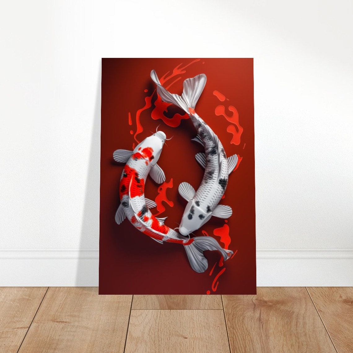 Yin Yang Koi Fish Circle Deep Red Zen Aquatic Meditation Wall Art - Image 4