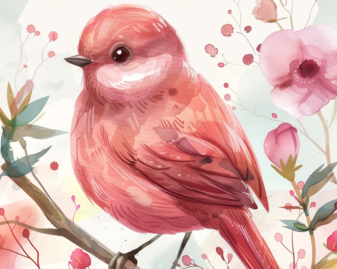 Pink Bird On Blossom Branch Watercolor Pastel Floral Wall Art Print - Image 5