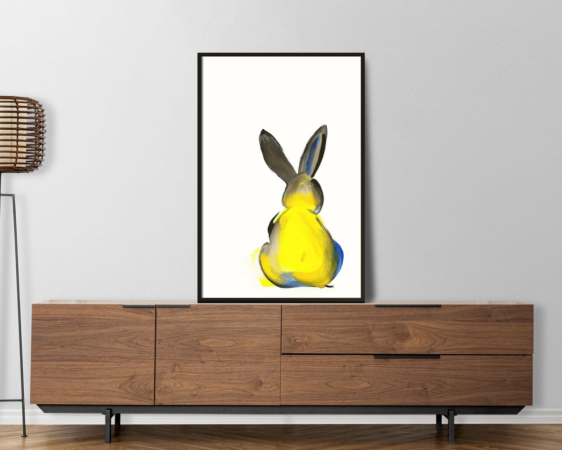 Minimalist Yellow Bunny Back View Watercolor Modern Rabbit Poster