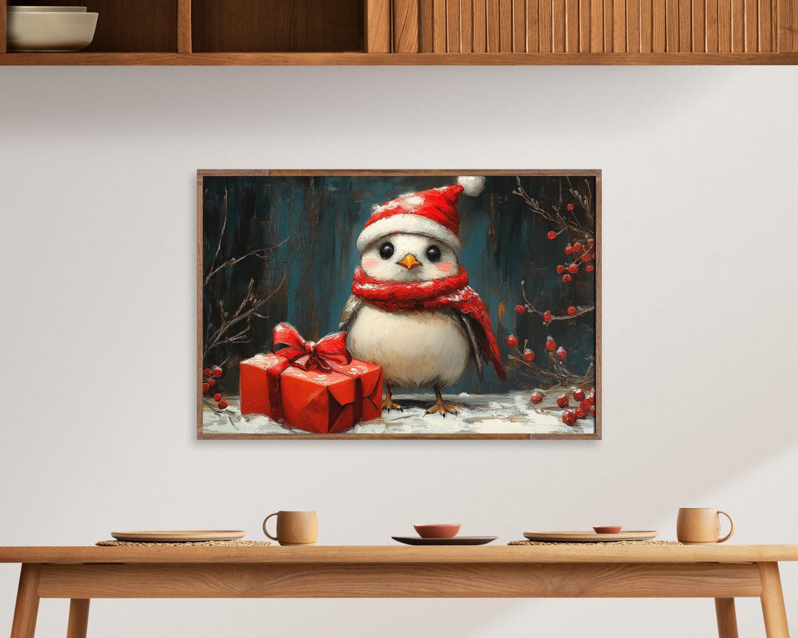 White Winter Bird With Santa Hat Gift Box Snowy Holiday Poster