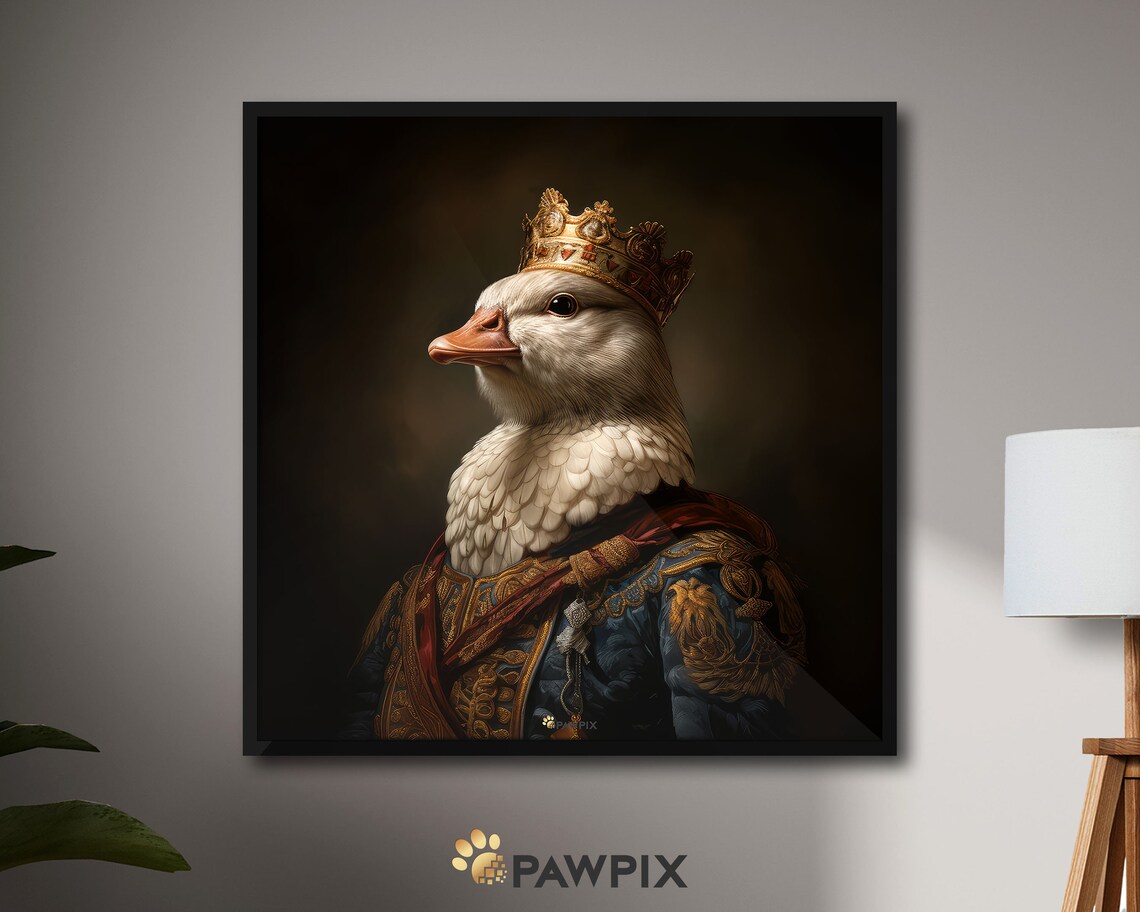 Royal Goose Queen Wearing Crown Blue Embroidered Coat Funny Portrait