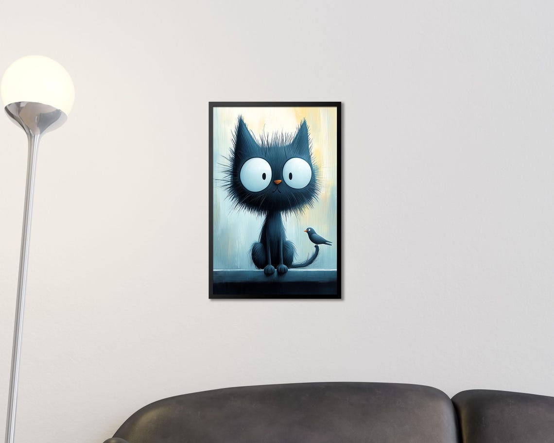 Cute Big Eyed Black Cat with Little Bird on Tail Nursery Wall Art - Image 2