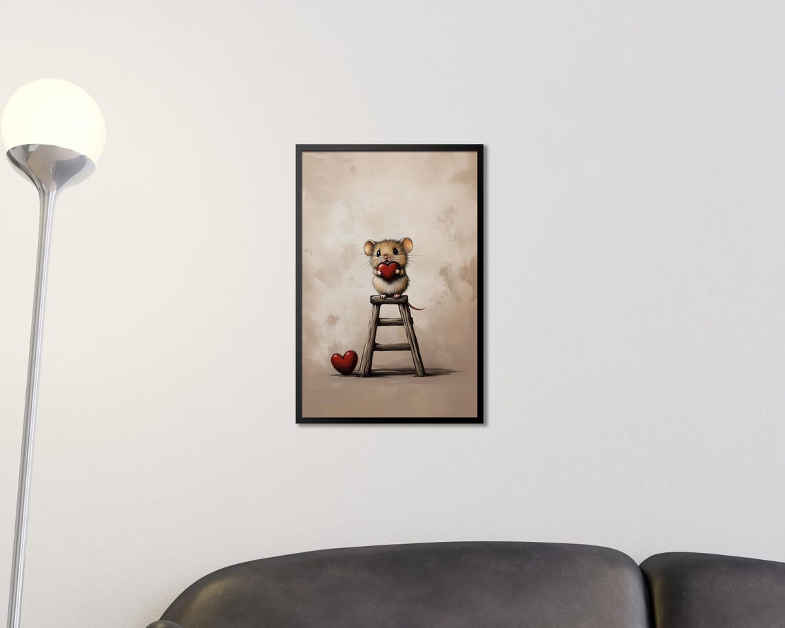 Sweet Tiny Mouse Holding Red Heart Stepladder Valentine Wall Art - Image 2